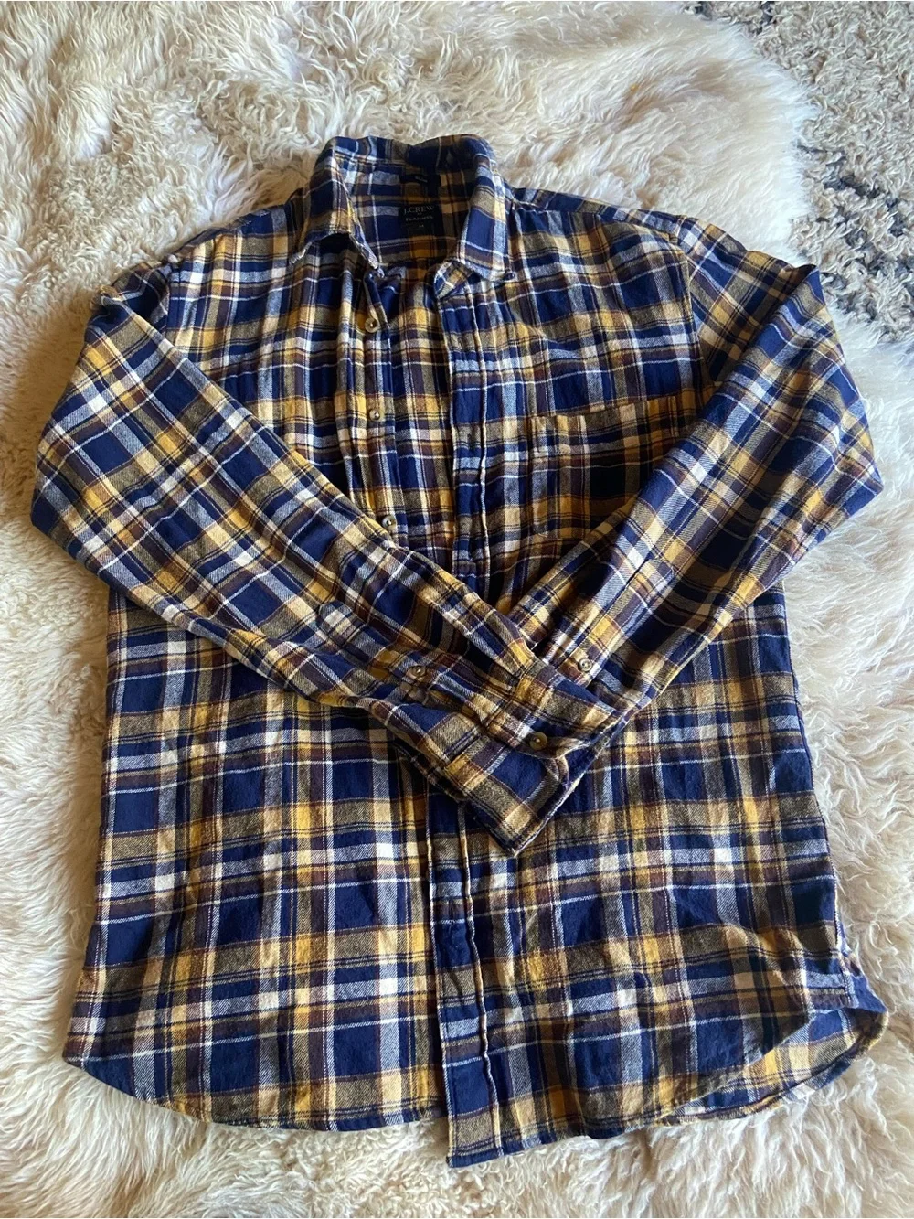 J. Crew Men's Navy and Yellow Plaid Flannel Shirt